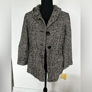 Women's Black & White Herringbone Pea Coat - Tailored Wool-Blend Jacket